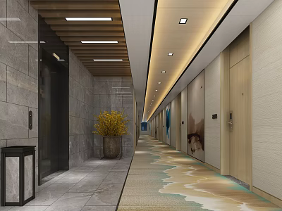 Modern Hotel Corridor With Ceiling Lights Patterned Carpet And Decorative Plant 3d model