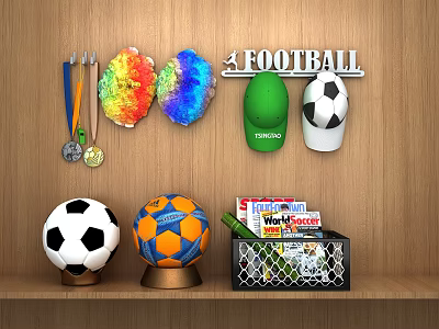 Football Themed Decorative Ornament Set With Medals Pompoms Caps And Snacks On Wooden Shelf 3d model