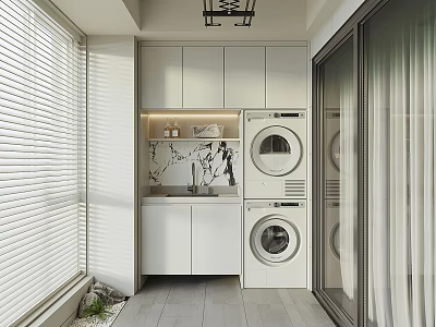 Modern White Balcony Cabinet With Washing Machine Dryer Blinds And Storage Space 3d model