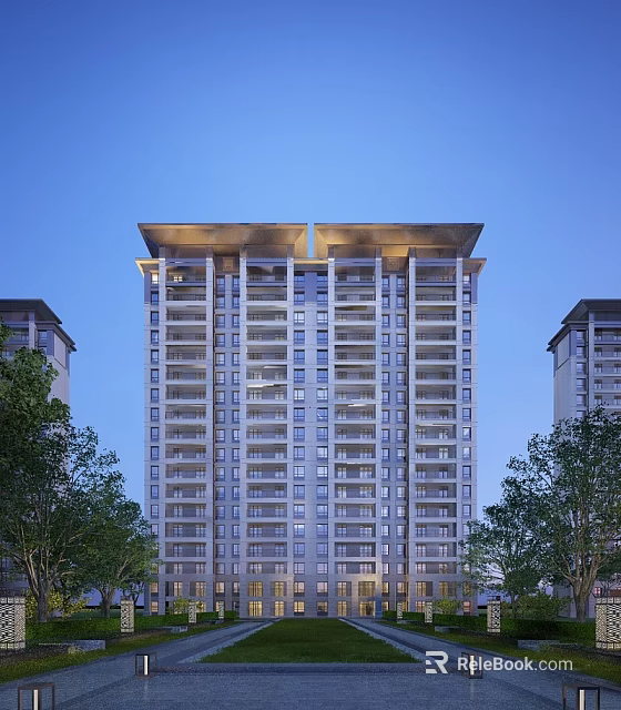 Modern High Rise Residential Building Surrounded by Trees With Blue Sky Exterior Lighting And Balconies 3d model 