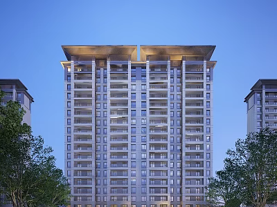 Modern High Rise Residential Building Surrounded by Trees With Blue Sky Exterior Lighting And Balconies 3d model