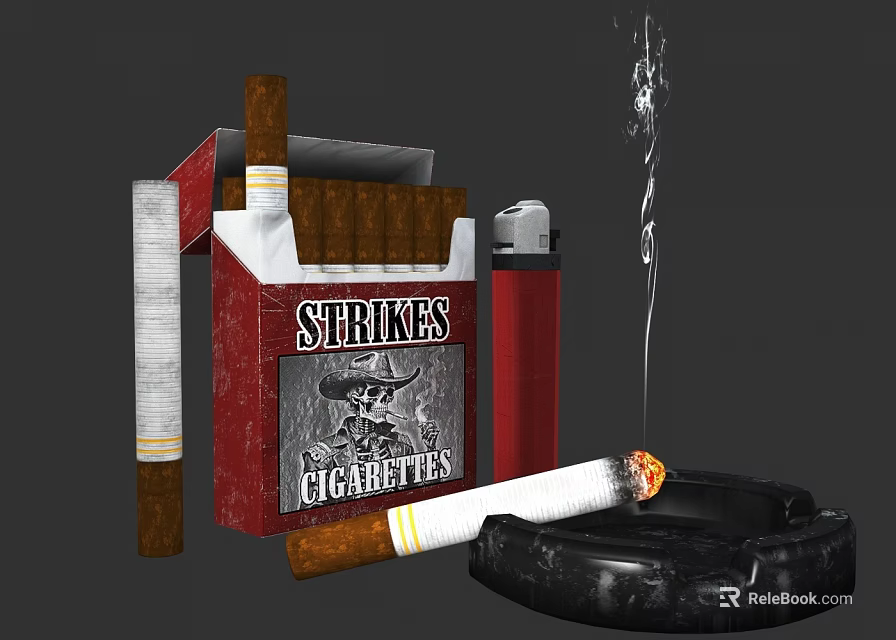 Strikes Cigarettes Open Pack With Lighter Ashtray And Lit Cigarette 3d model 