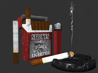 Strikes Cigarettes Open Pack With Lighter Ashtray And Lit Cigarette 3d model