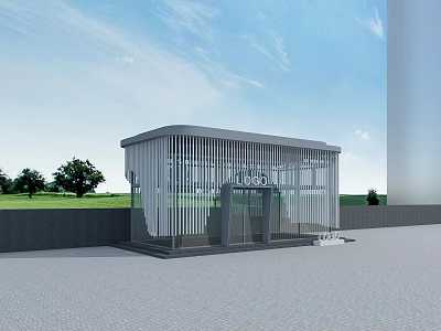 Modern Entrance Pavilion with Striped Facade Glass Door and Green Lawn Under Blue Sky 3d model