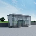 Modern Entrance Pavilion with Striped Facade Glass Door and Green Lawn Under Blue Sky