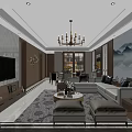 Modern Living and Dining Room Interior With Chandelier Sofa Mountain Painting And Area Rug