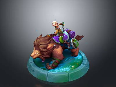 Warrior Character Riding Armored Lion Like Creature With Purple Saddle On Glowing Stone Base 3d model