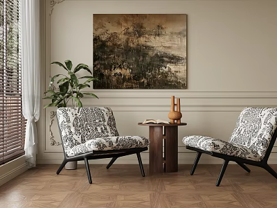 Elegant Patterned Lounge Chairs On Herringbone Wooden Floor With Artwork And Potted Plant 3d model