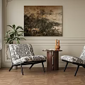 Elegant Patterned Lounge Chairs On Herringbone Wooden Floor With Artwork And Potted Plant