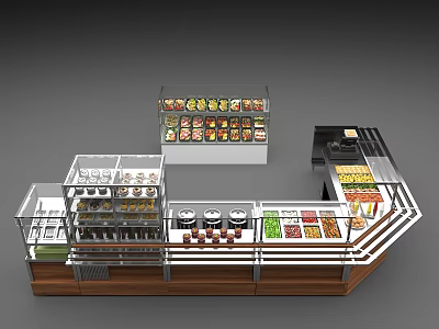Modern Food Display Counter With Glass Shelves And Assorted Snacks Drinks Fruits 3d model