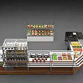 Modern Food Display Counter With Glass Shelves And Assorted Snacks Drinks Fruits