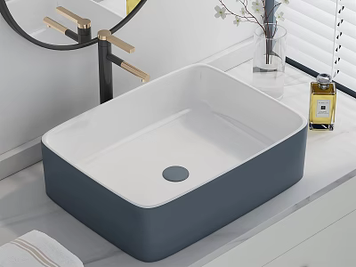 Modern Square Washbasin Design With Blue Gray White Finish And Gold Faucet Round Mirror 3d model