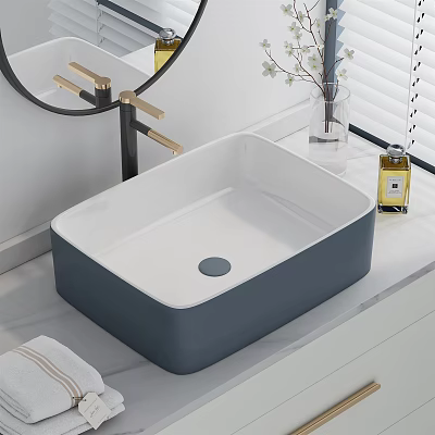 Modern Square Washbasin Design With Blue Gray White Finish And Gold Faucet Round Mirror 3d model