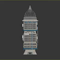 Modern High Rise Building Structure With Building System Sign Pyramid Roof And Colored Lighting