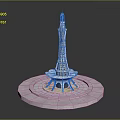 Tall White Tower Building With Circular Base Platform Water Feature And Yellow Top