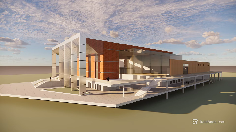 Modern Architectural Building With Glass Facade Orange Brown Exterior Open Platform And Stairs 3d model 