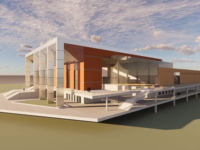 Modern Architectural Building With Glass Facade Orange Brown Exterior Open Platform And Stairs 3d model