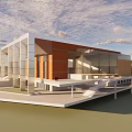 Modern Architectural Building With Glass Facade Orange Brown Exterior Open Platform And Stairs