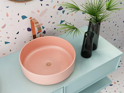 Modern Pink Washbasin on Light Blue Countertop with Brass Faucet Black Vase and Green Plant 3d model