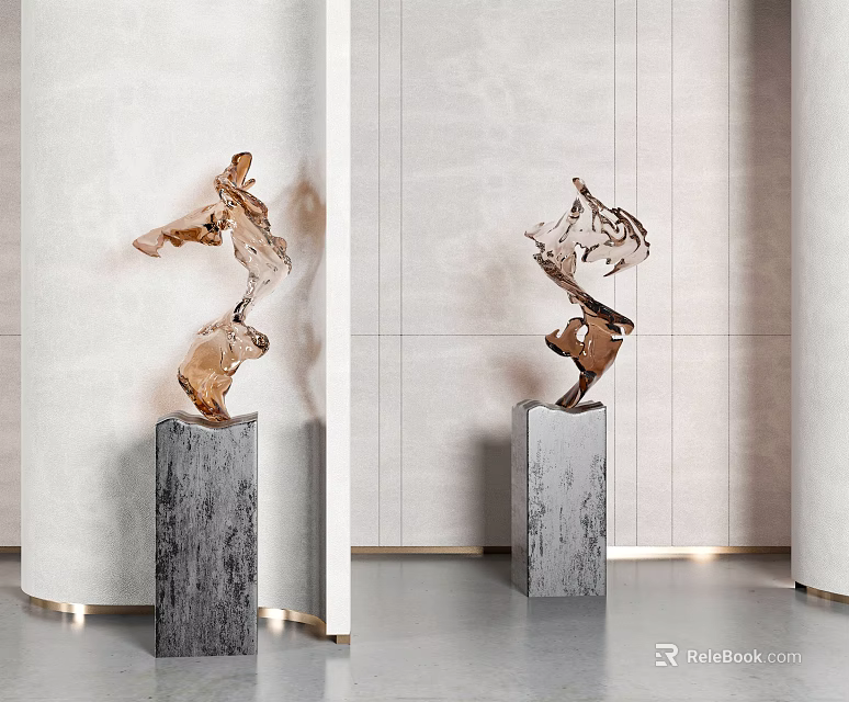 Abstract Metal Sculptures On Gray Pedestals In Modern Interior With Light Colored Walls 3d model 