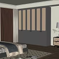 Modern Dark Gray Wardrobe with Rattan Paneled Doors and Gold Handles in Bedroom Interior