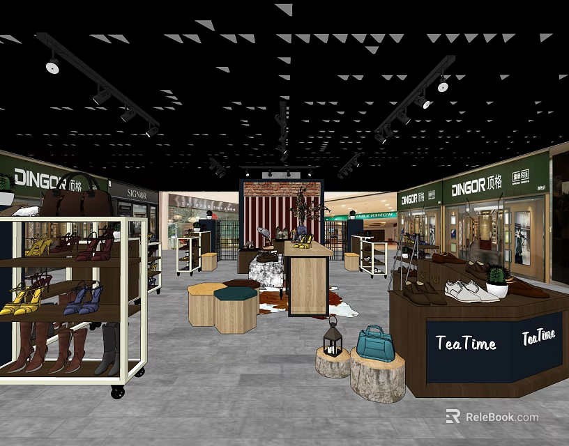 Modern Fashion Specialty Store Interior With Shoe Racks Display Tables Stools and Bags 3d model 