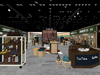 Modern Fashion Specialty Store Interior With Shoe Racks Display Tables Stools and Bags 3d model