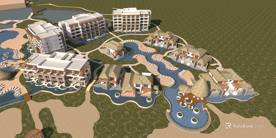 Resort Style Hotel Buildings With Curved Water Channels Surrounding Green Lawns And Pools 3d model 