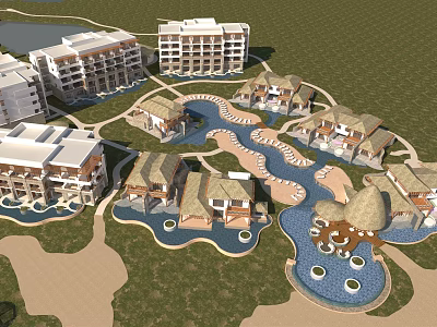 Resort Style Hotel Buildings With Curved Water Channels Surrounding Green Lawns And Pools 3d model