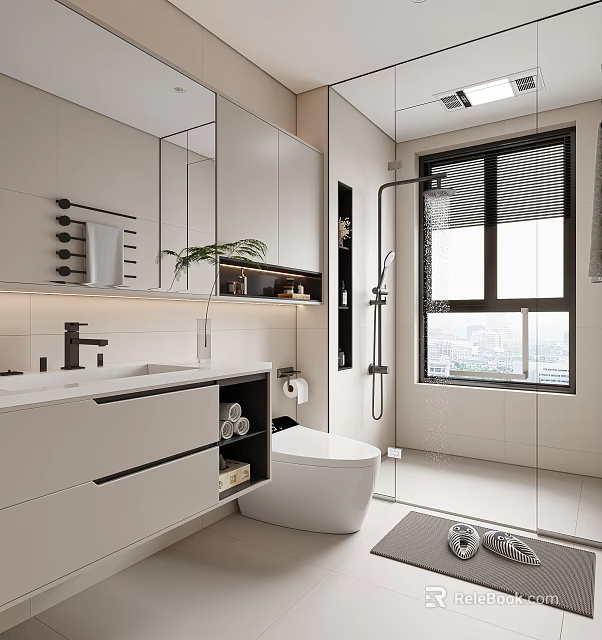 Modern Bathroom Interior Design With Large Mirror Vanity Toilet Shower And Window 3d model 
