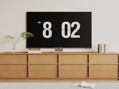 Wooden TV Stand with TV Plant Books and Drawers in Modern Living Room 3d model