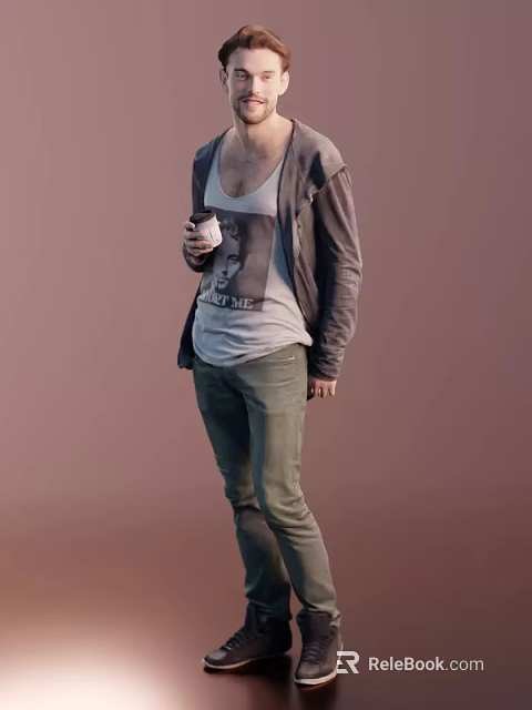 Man Holding Coffee Cup in Gray Hoodie White T-Shirt and Green Pants Against Pink Background 3d model 