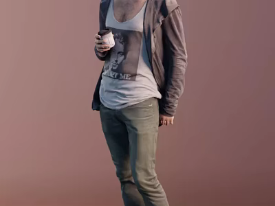 Man Holding Coffee Cup in Gray Hoodie White T-Shirt and Green Pants Against Pink Background 3d model