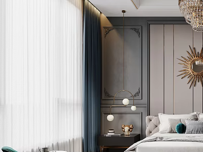 Elegant Modern Bedroom Interior With Bed Blue Curtains Golden Sunburst Mirror And Pendant Light 3d model