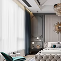 Elegant Modern Bedroom Interior With Bed Blue Curtains Golden Sunburst Mirror And Pendant Light