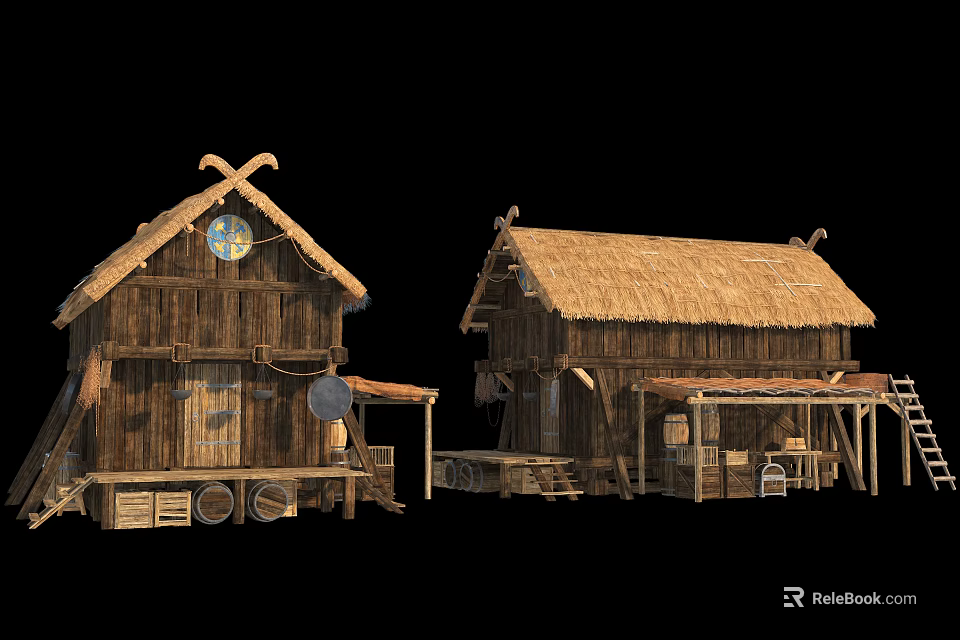 Two Traditional Wooden Houses With Thatch Roof And Rustic Design Elements 3d model 