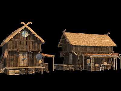 Two Traditional Wooden Houses With Thatch Roof And Rustic Design Elements 3d model