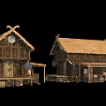 Two Traditional Wooden Houses With Thatch Roof And Rustic Design Elements
