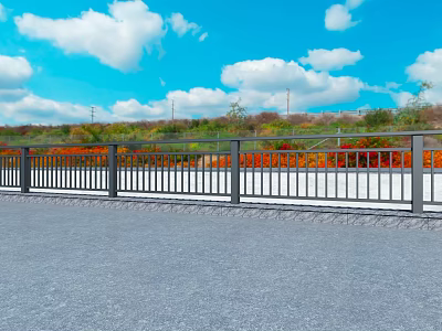 Outdoor Metal Fence With Blue Sky White Clouds Colorful Plants And Gray Pavement 3d model