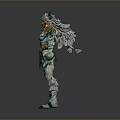Man Dressed As Mythical Warrior With Teal White Feathered Armor And Muscular Body