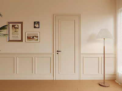 Floor Lamp in Cozy Room With Light Walls Artworks and Wooden Door 3d model