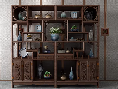 Traditional Chinese Wooden Curio Cabinet With Decorative Vases Ornaments Plants And Books 3d model