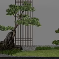 Traditional Garden Courtyard With Pine Tree Rocks Latticed Gate Gravel And Grass