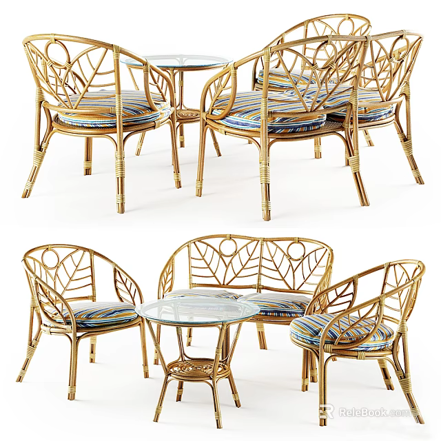 Rattan Dining Table Set With Gold Frame Glass Top And Leaf Shaped Backrest Chairs 3d model 