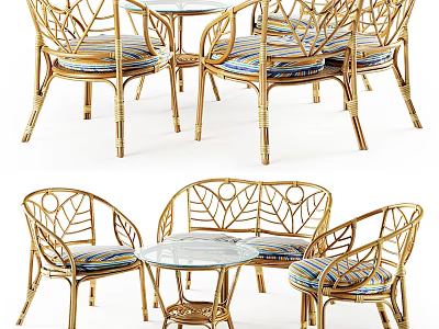 Rattan Dining Table Set With Gold Frame Glass Top And Leaf Shaped Backrest Chairs 3d model