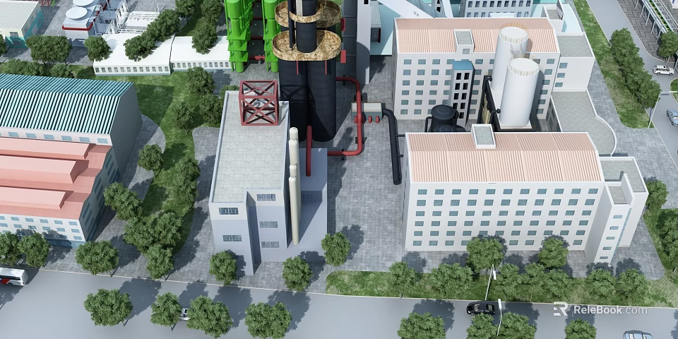Industrial Factory Building With Tall Chimneys Pipes And Surrounding Green Areas 3d model 