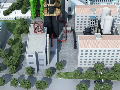 Industrial Factory Building With Tall Chimneys Pipes And Surrounding Green Areas 3d model