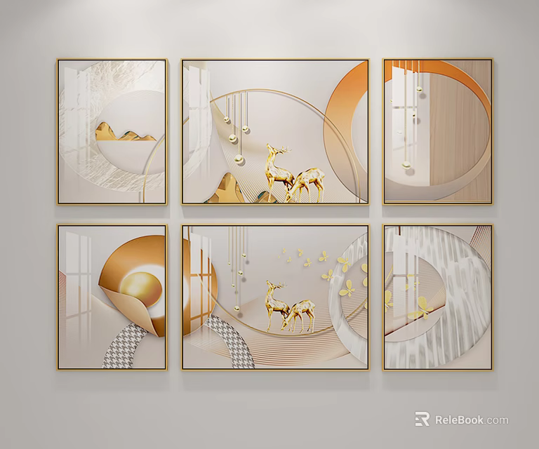 Luxury Minimalist Decorative Paintings with Golden Deer Circular Elements and Geometric Patterns 3d model 