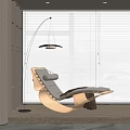 Modern Lounge Chair With Wooden Frame White Cushion White Blinds Floor Lamp