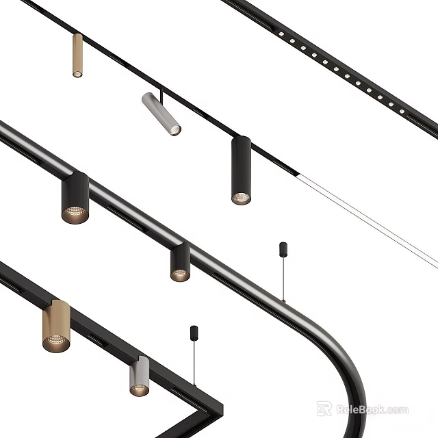 Modern Design Track Mounted Downlights And Spotlights With Black Gold Fixtures 3d model 